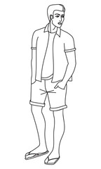 Young man in shorts and color shirt. Casual cloth