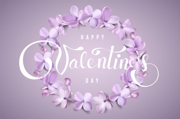Happy Valentines day background with lilac flower petals and lettering.