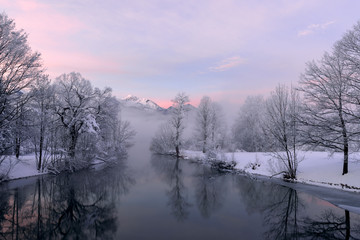 Frosty lake at beautiful dawn