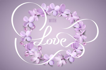 Love background with lilac flower petals and lettering.