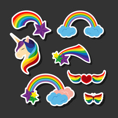 Unicorn with closed eyes rainbows, stars. Heart with rainbow colored wings. Butterfly.