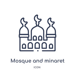 mosque and minaret icon from religion outline collection. Thin line mosque and minaret icon isolated on white background.