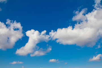 Blue sky with different white clouds. Beautiful sky background.