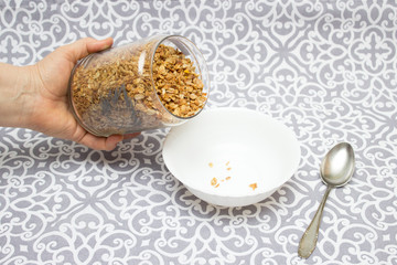 Granola, Oatmeal for breakfast. Oatmeal. Granola with milk, breakfast