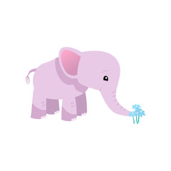 Lovely Pink Baby Elephant Animal Character Tearing Flower by Trunk Vector Illustration I