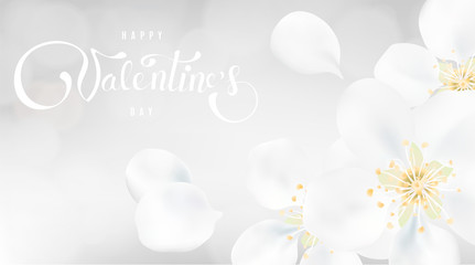 Fototapeta na wymiar Happy Valentine's day soft color pastel background with flower petals and lettering.