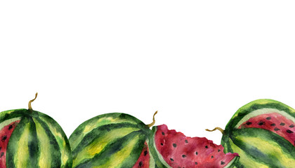Watercolor painting banner of ripe striped watermelons isolated on white background. Watercolor hand painted illustration. Bright fruit pattern, Wallpaper or textile illustration, tropical exotic frui