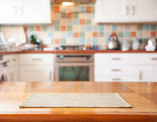 blurred kitchen interior focus on desk space