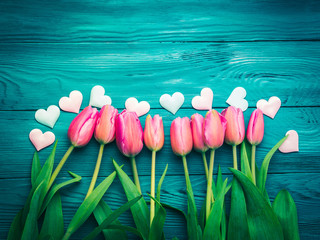 Beautiful tulips and hearts. Valentine's day