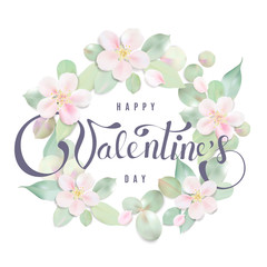 Happy Valentine's day pastel background with petals and leaves.