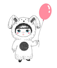 Cute girl in a rabbit costume holding a balloon. Vector.