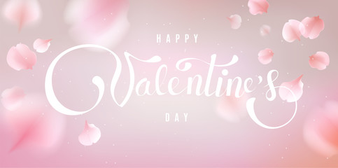 Fototapeta na wymiar Happy Valentine's day soft color pastel background with flower petals and lettering.