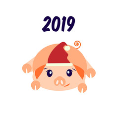 New Year 2019 greeting card with a pig. The year of the pig. Vector image isolated on white background. The pig sees off, says goodbye. 2020 year. Piggy in the red cap. Chinese, Thai holiday