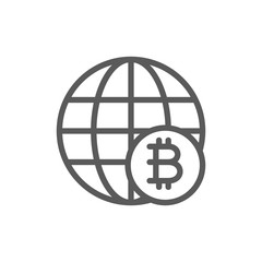 Global world with bitcoin coin, blockchain, crypto network line icon.