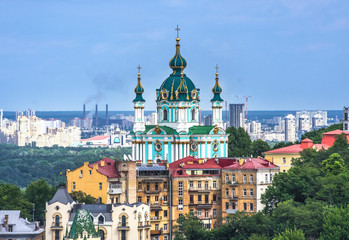 Aerial top view of Saint Andrew's church and Andreevska street from above