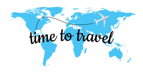 Time to travel on blue world map with realistic airplane, vector illustration