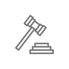 Judge or auction hammer, court gavel line icon.