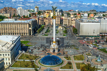Panoramic view of the evening Independence Square in Kiev, Ukraine