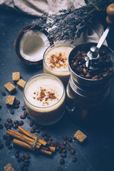 Coconut latte. Vegan coffee drink concept. Coffee with coconut milk. Health products