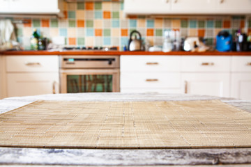 blurred kitchen interior focus on desk space