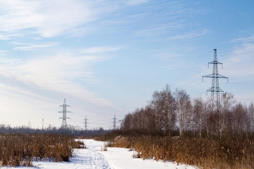 High-voltage power lines in the winter