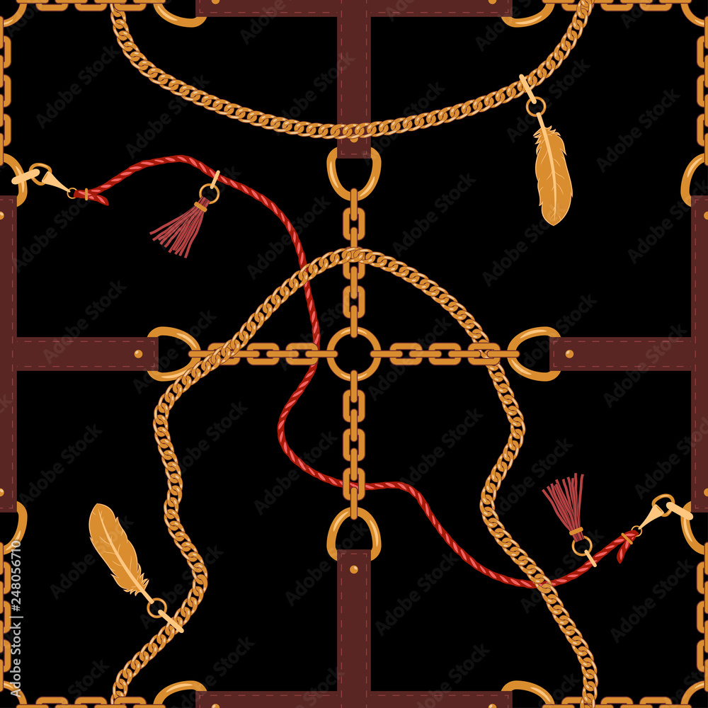 Aufkleber Seamless pattern with chains straps. Pendants and belts background for for fabric design. Vector illustration.