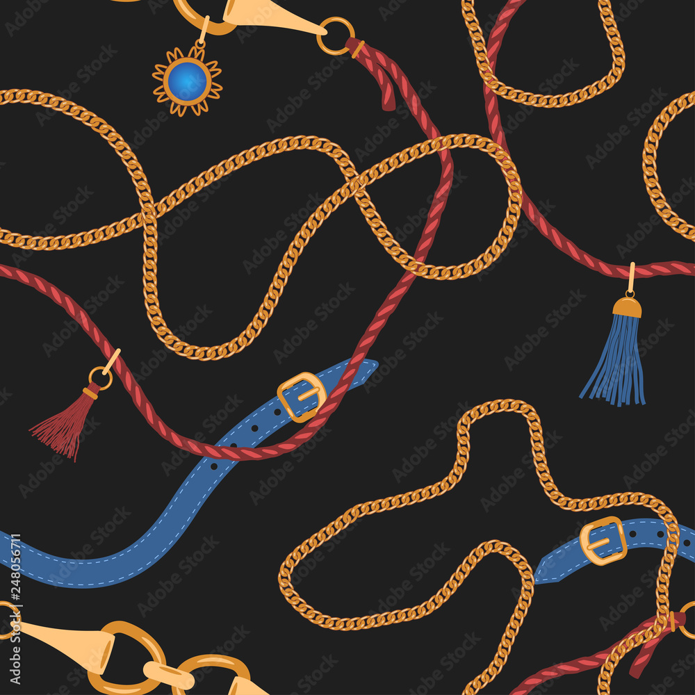 Poster seamless pattern with chains straps and belts. pendants background for for fabric design. vector ill