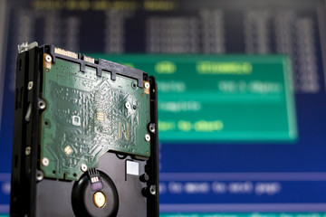 hard drive from array at server cloud equipment. verifying and repairing data information. computer recovery data from loss. database analytics for errors.