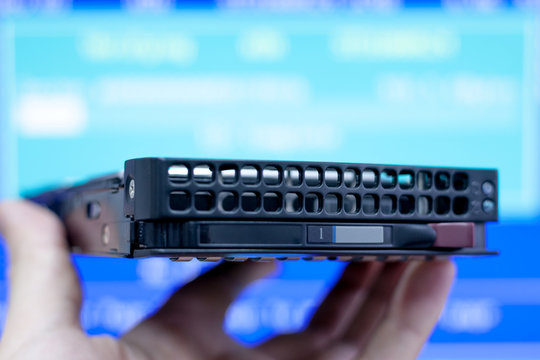 hard drive from array at server cloud equipment. verifying and repairing data information. computer recovery data from loss. database analytics for errors.