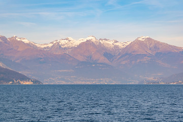 Beautiful Como Lake panoramic landscape with Alps mountain in background, Italy, Europe