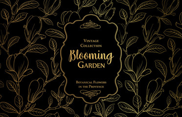 The vintage collection. Awesome postcard background template for wedding invitation. Label with magnolia flowers. Vector illustration.