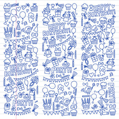 Vector pattern for birthday party for little kindergarten, school children. Kids drawing doodle style