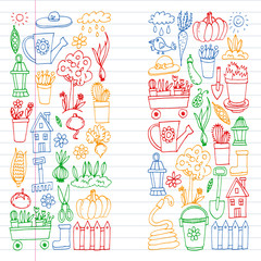 Garden, agriculture, garden tools, equipment, harvest. Icons of gardening items.