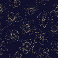 Spring flowers fabric seamless pattern on blue background. Vector illustration.