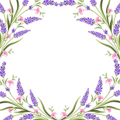 Elegant card with lavender flowers in watercolor paint style. The lavender frame and text. Lavender border for your text presentation. Vector illustration.