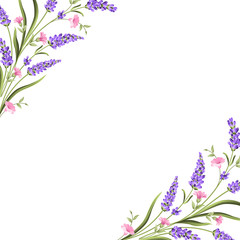 Elegant card with lavender flowers in watercolor paint style. The lavender frame and text. Lavender border for your text presentation. Vector illustration.