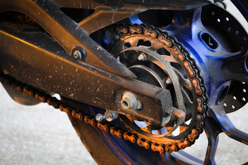 chain and gear of the motor cycle, bike. close up concept