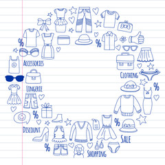 Shopping, market, store. Clothes and fashion icons