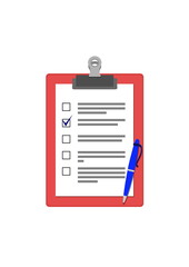 Writing pad paper clipboard red color with blank of questionnaire with mark and a blue pen