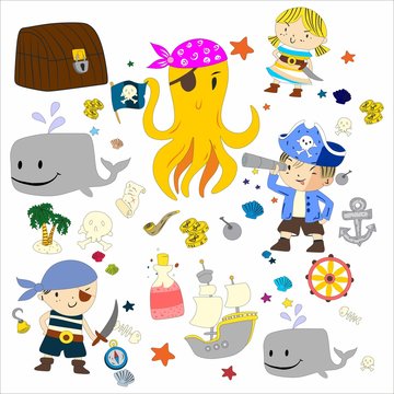 Cartoon pirates whale parrot blindfold saber frigate chest tube octopus palm flag flag steering sailor