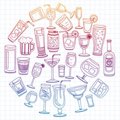 Vector set of popular cocktails for the menu. Doodle style icons.