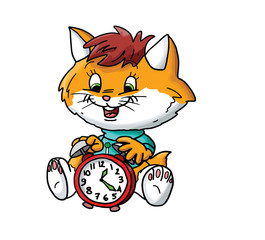 Cartoon cat playing with a clock vector illustration