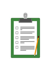 Writing pad paper clipboard green color with blank of questionnaire and a pencil
