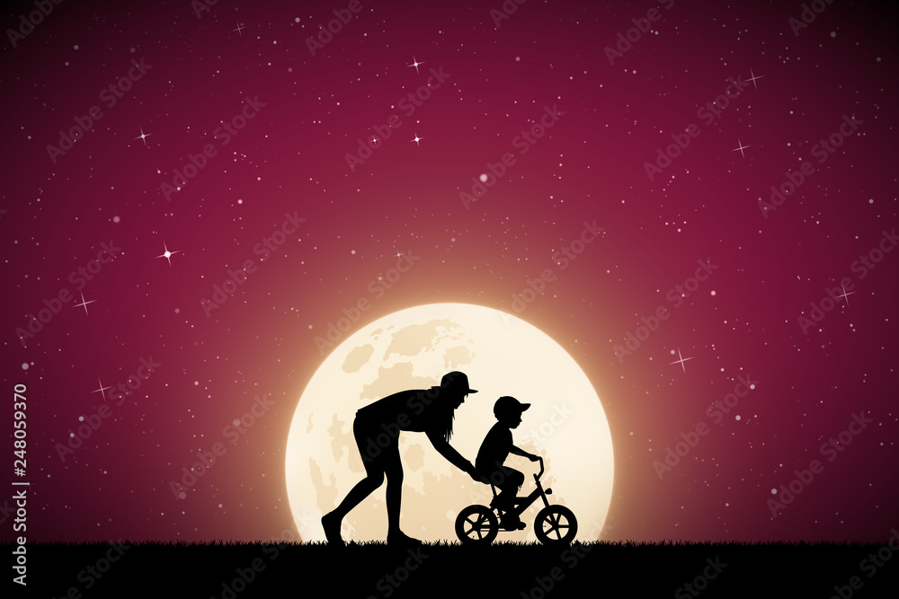 Sticker woman teaching boy to ride bike on moonlit night. vector illustration with silhouette of mother with