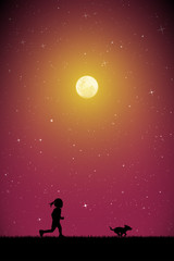 Little girl with dog on moonlit night. Vector illustration with silhouettes of running child with pet in park. Full moon in starry sky