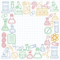 Vector set of chemistry, science icons. Pattern with laboratory equipment images.