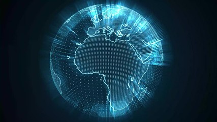 Glowing earth globe is rotating on black background. Looping animation. - Powered by Adobe