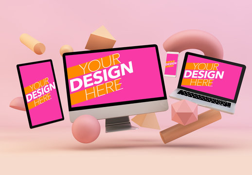 Floating Devices on Pink Background Mockup