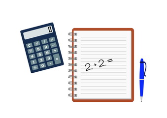 Notebook with written arithmetic example, numbers two, pen and calculator