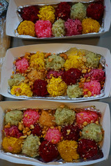 Xoi Ngu Sac - Five colors sticky rice ball with chopped peanut and sesame beetroot celery cumin momordica cochinchinensis flavor Vietnamese traditional food Asian cuisine with coconut milk delicious